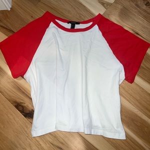 Red and white baseball style shirt sleeved tee
